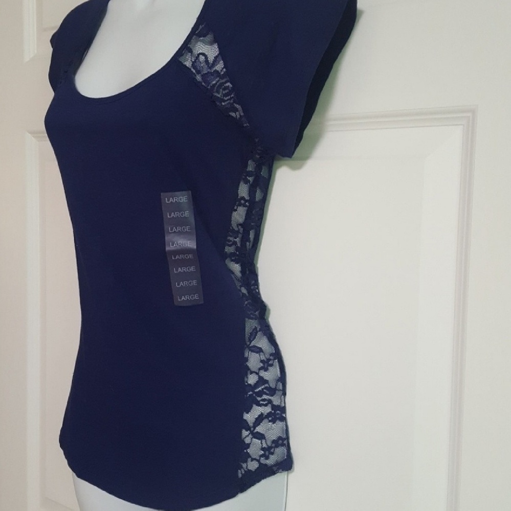 W.F. Women's Large Lace Cut-Out Basic Short Sleeve Shirt in Blue